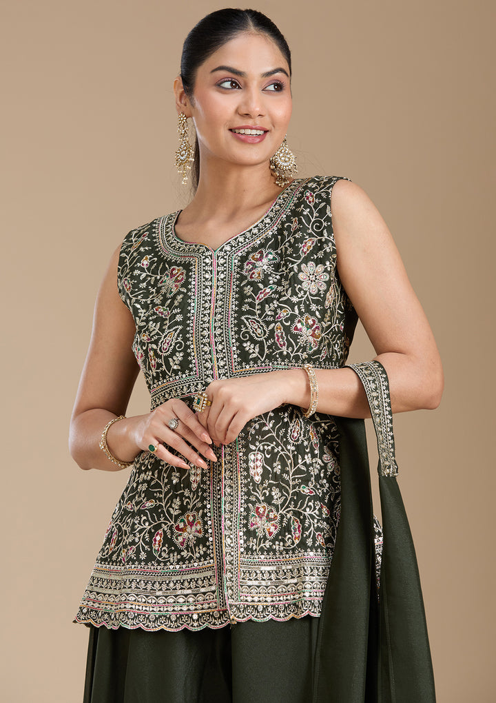 Bottle Green Zariwork (Gold) Georgette Readymade Salwar Suit