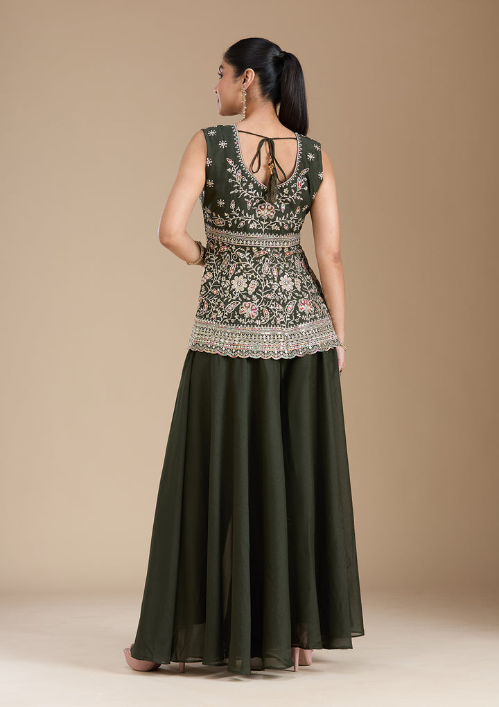 Bottle Green Zariwork (Gold) Georgette Readymade Salwar Suit