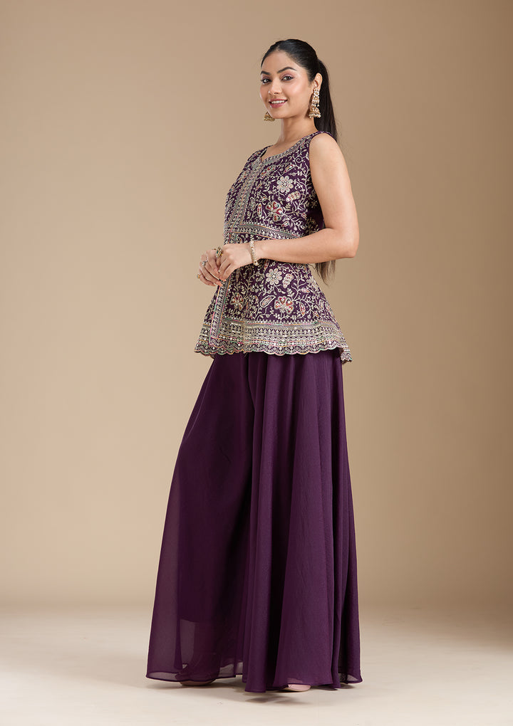 Wine Zariwork (Gold) Georgette Readymade Salwar Suit