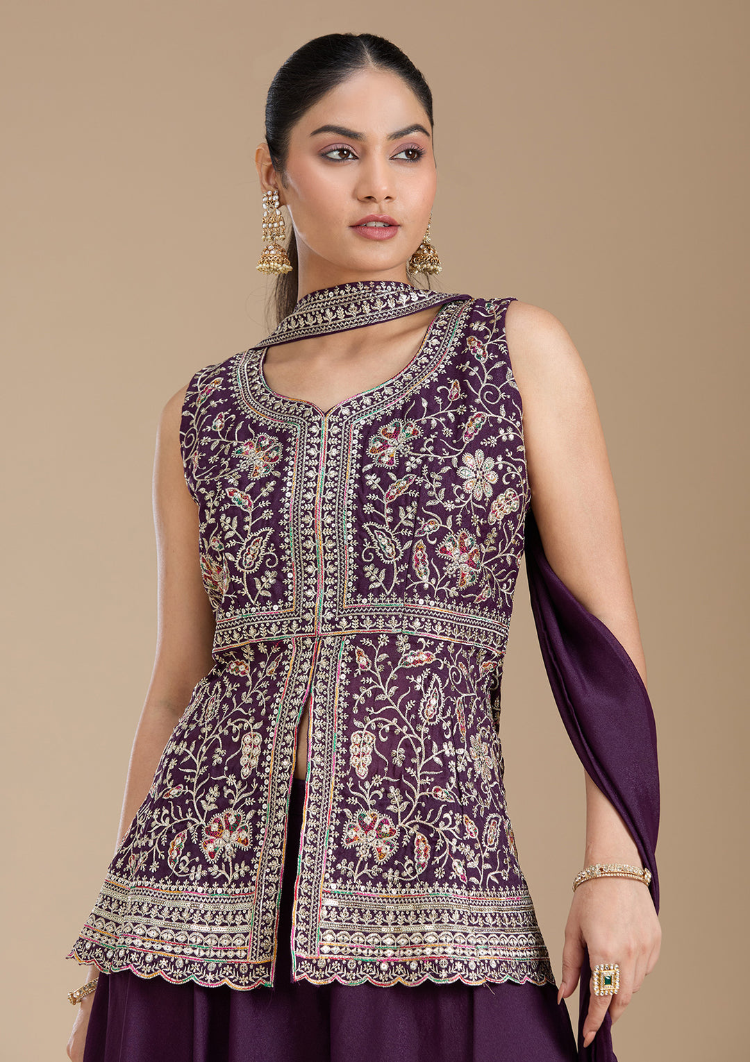 Wine Zariwork (Gold) Georgette Readymade Salwar Suit