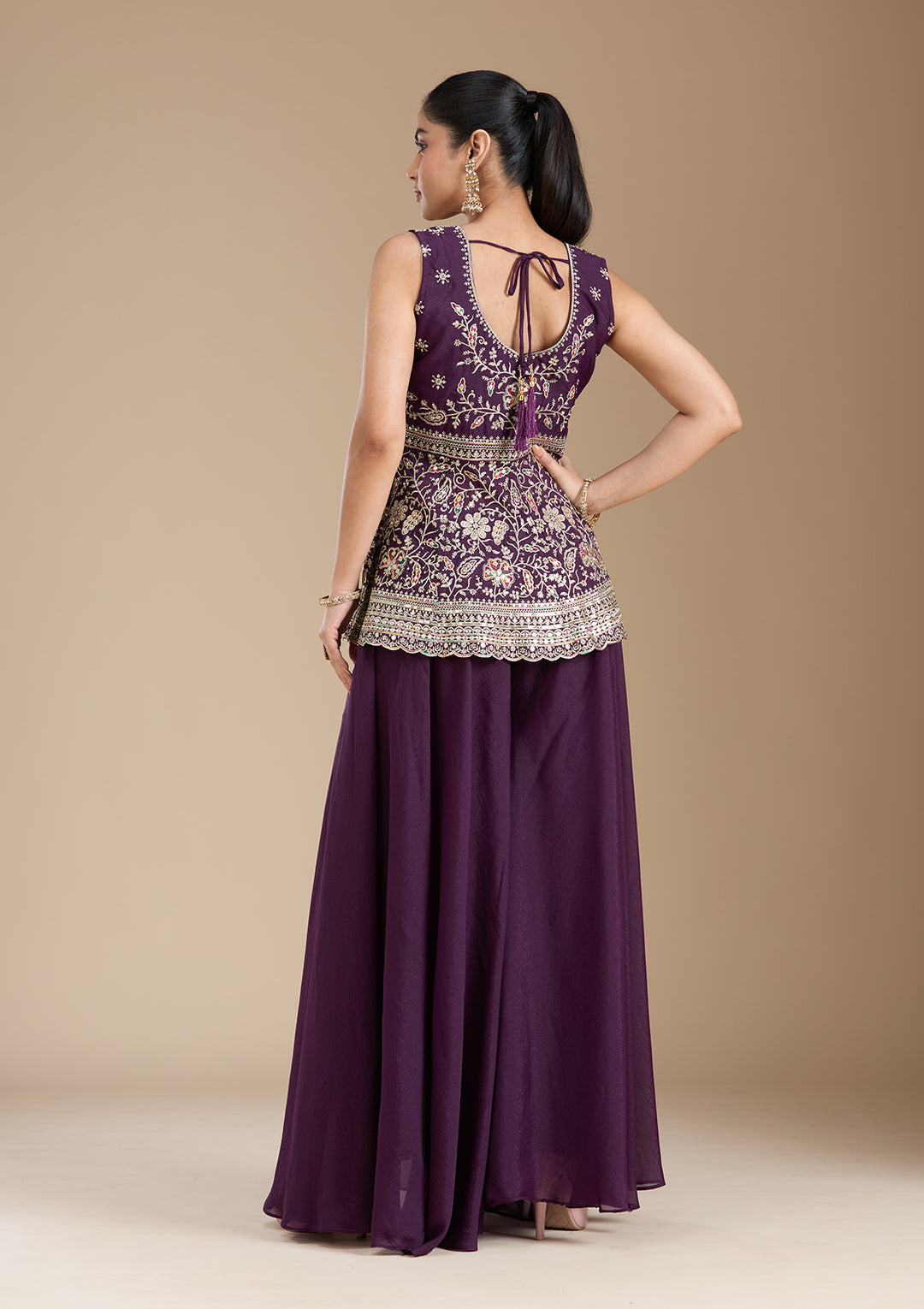 Wine Zariwork (Gold) Georgette Readymade Salwar Suit