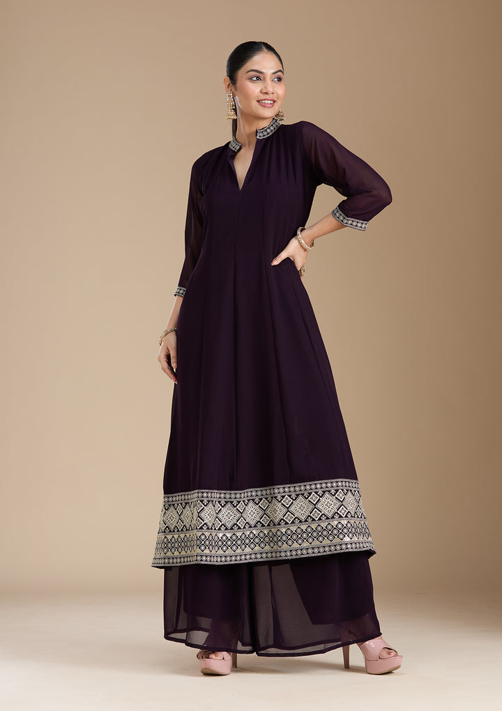 Purple Zariwork (Gold) Georgette Readymade Salwar Suit