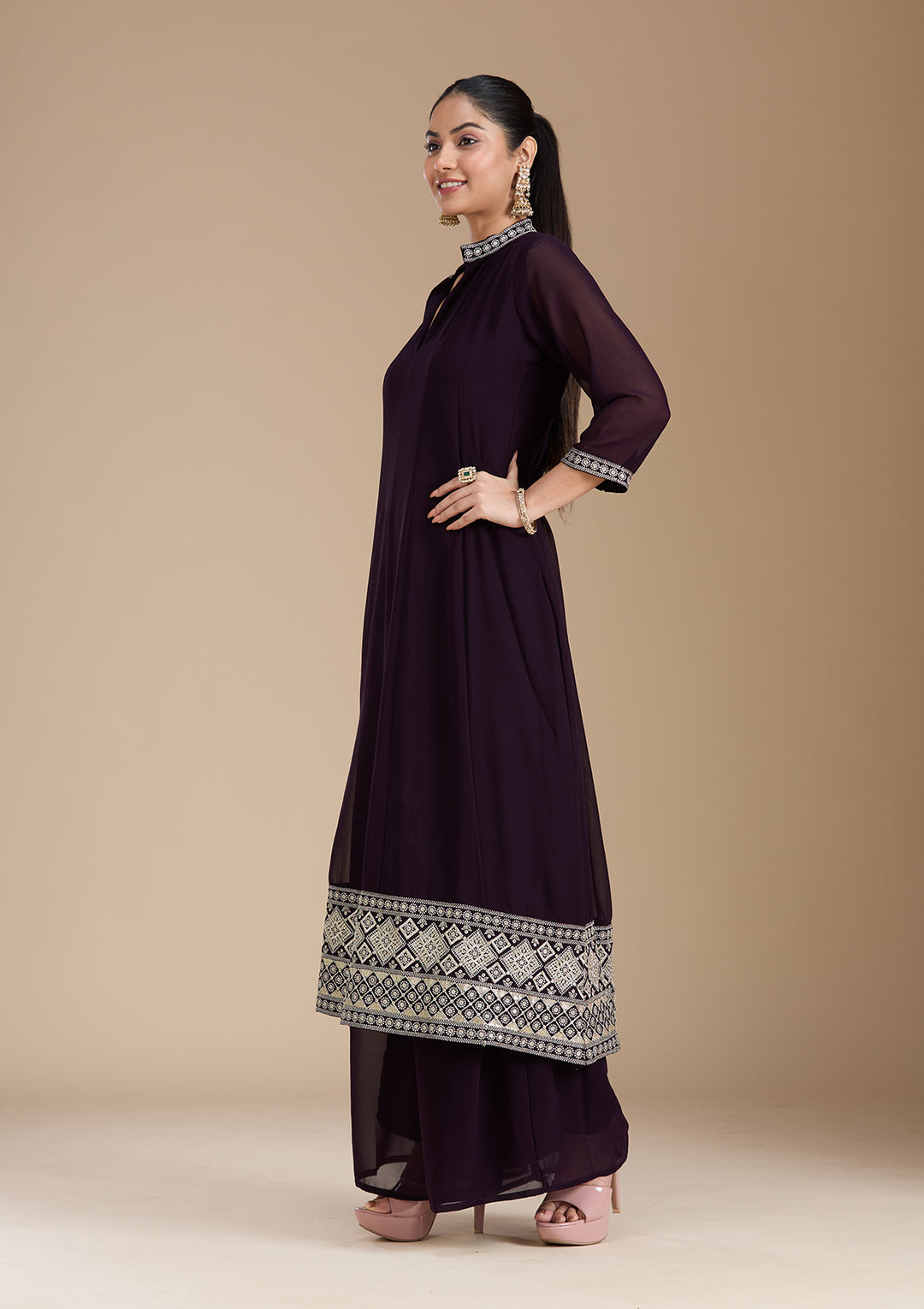 Purple Zariwork (Gold) Georgette Readymade Salwar Suit