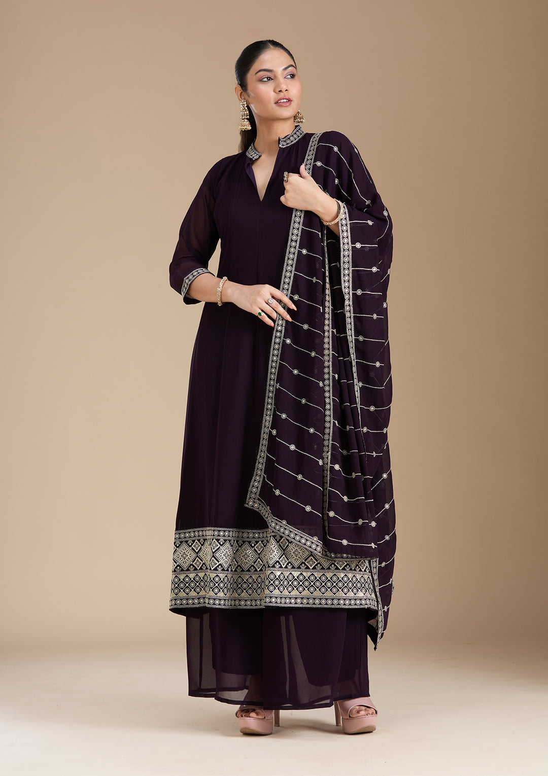 Purple Zariwork (Gold) Georgette Readymade Salwar Suit