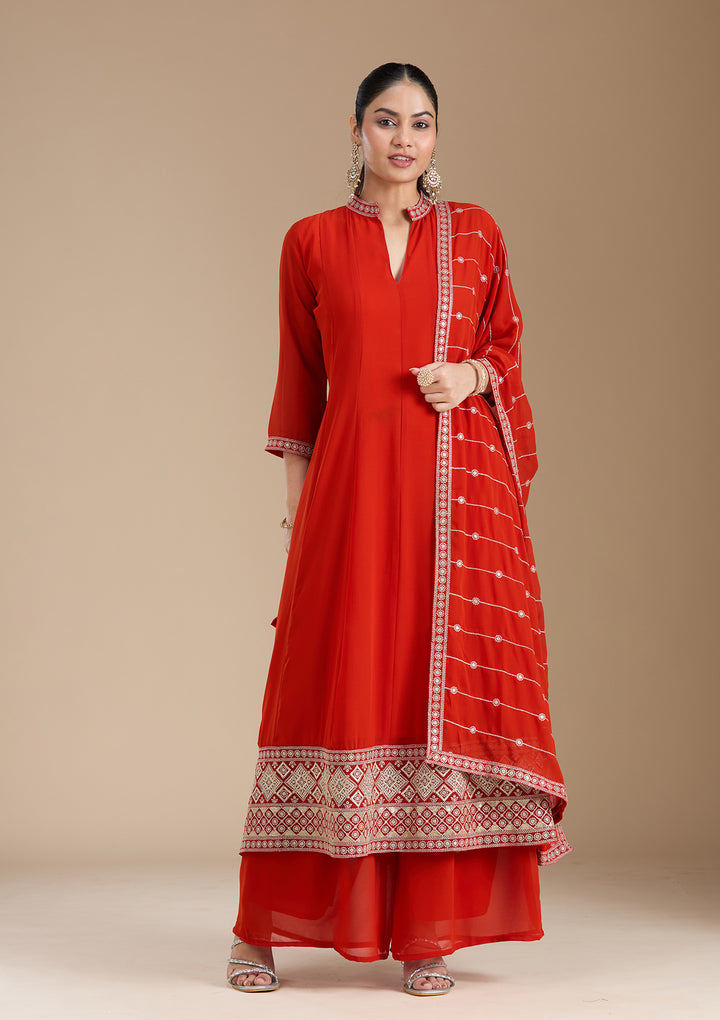 Rust Zariwork (Gold) Georgette Readymade Salwar Suit