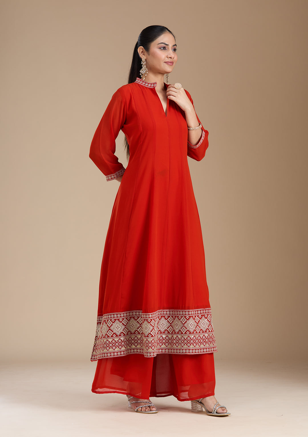 Rust Zariwork (Gold) Georgette Readymade Salwar Suit