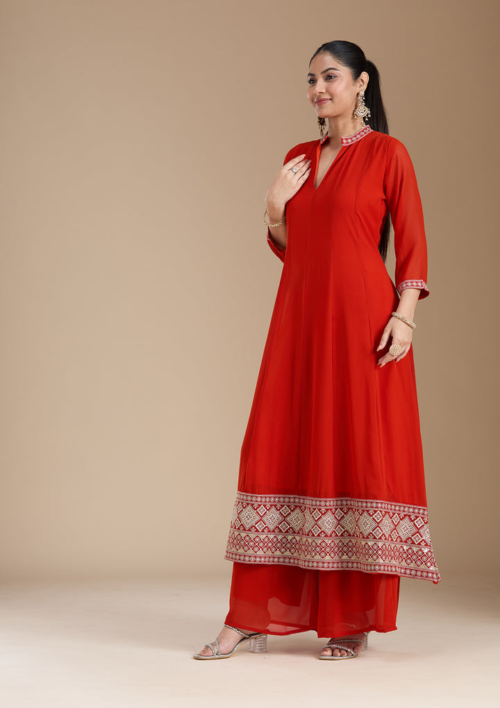 Rust Zariwork (Gold) Georgette Readymade Salwar Suit