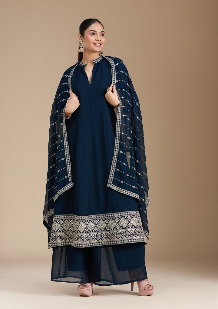 Teal Green Zariwork (Gold) Georgette Readymade Salwar Suit