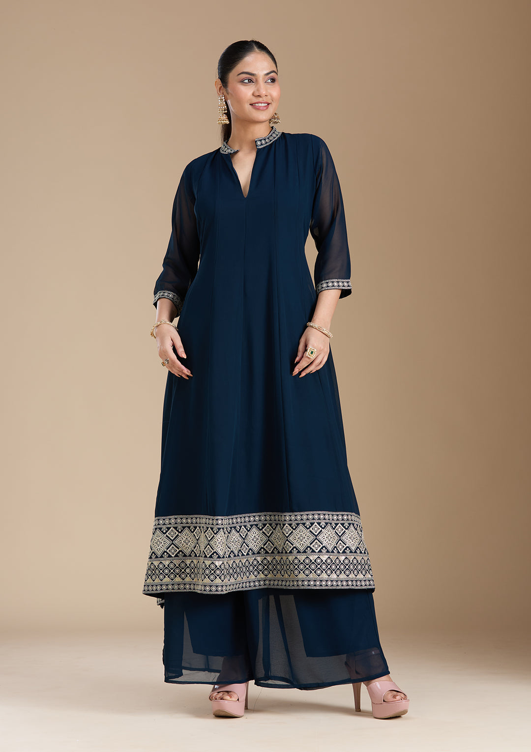 Teal Green Zariwork (Gold) Georgette Readymade Salwar Suit