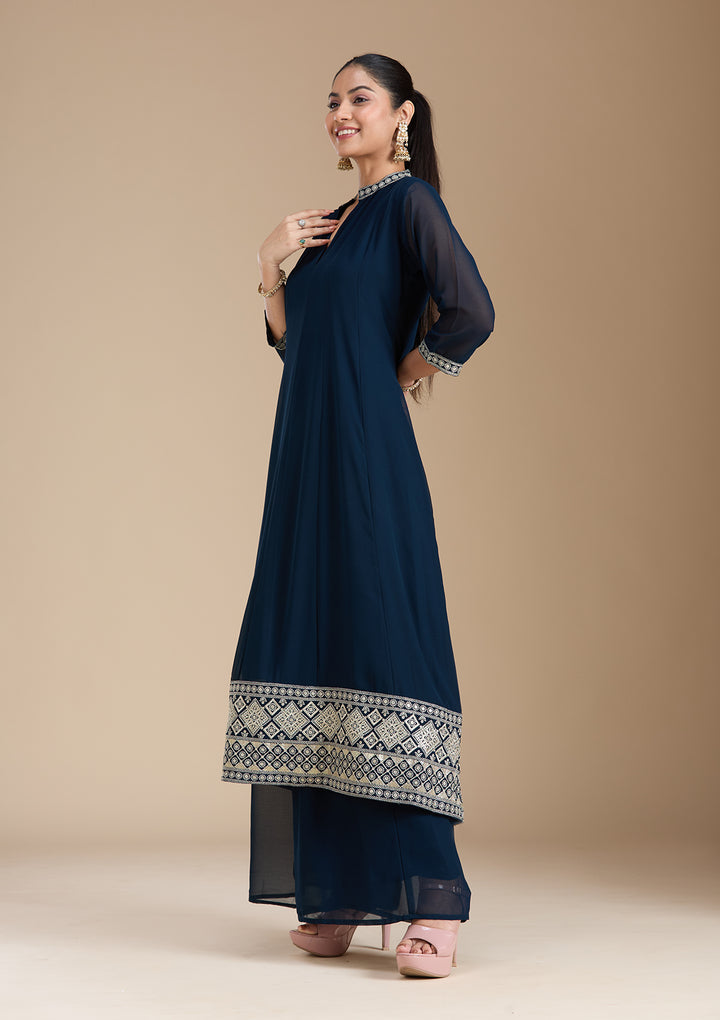 Teal Green Zariwork (Gold) Georgette Readymade Salwar Suit