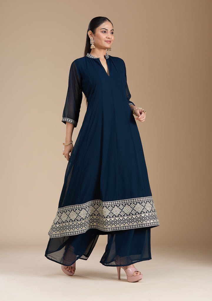 Teal Green Zariwork (Gold) Georgette Readymade Salwar Suit