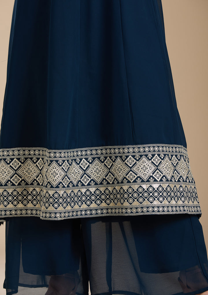 Teal Green Zariwork (Gold) Georgette Readymade Salwar Suit