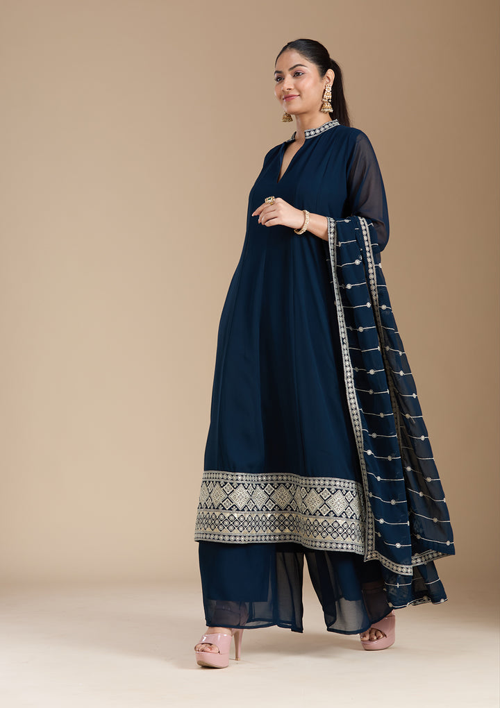 Teal Green Zariwork (Gold) Georgette Readymade Salwar Suit