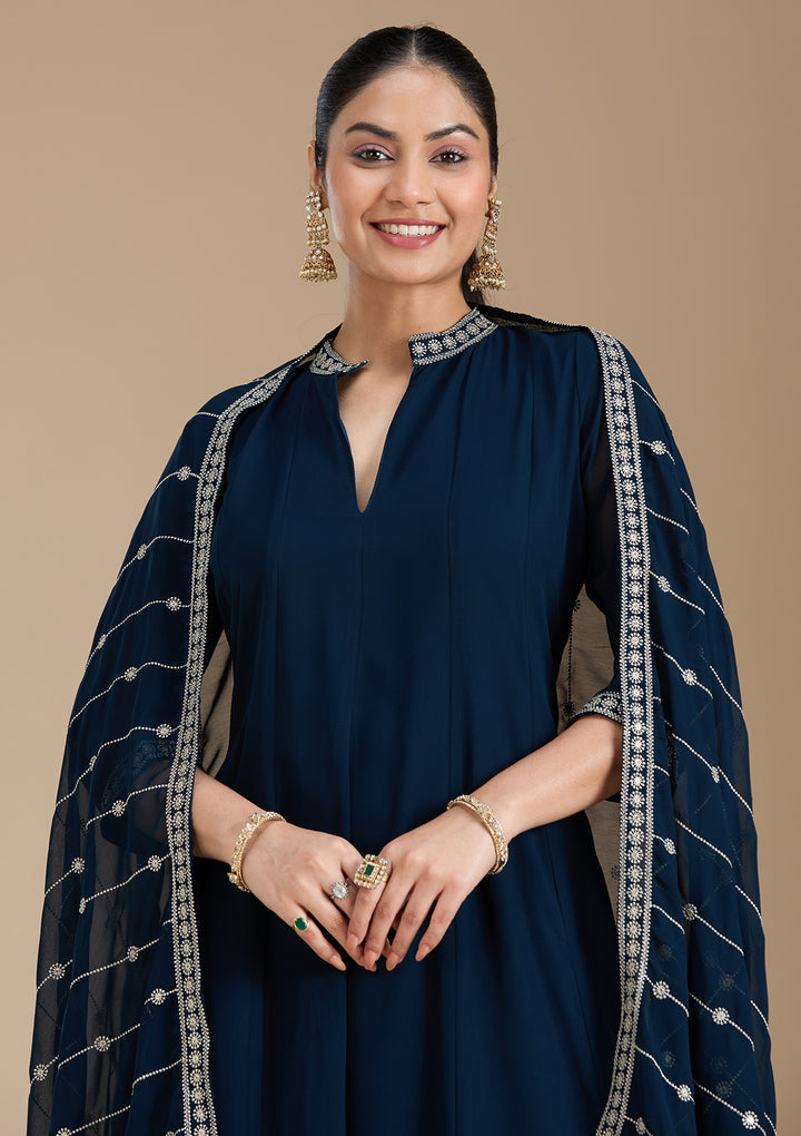 Teal Green Zariwork (Gold) Georgette Readymade Salwar Suit