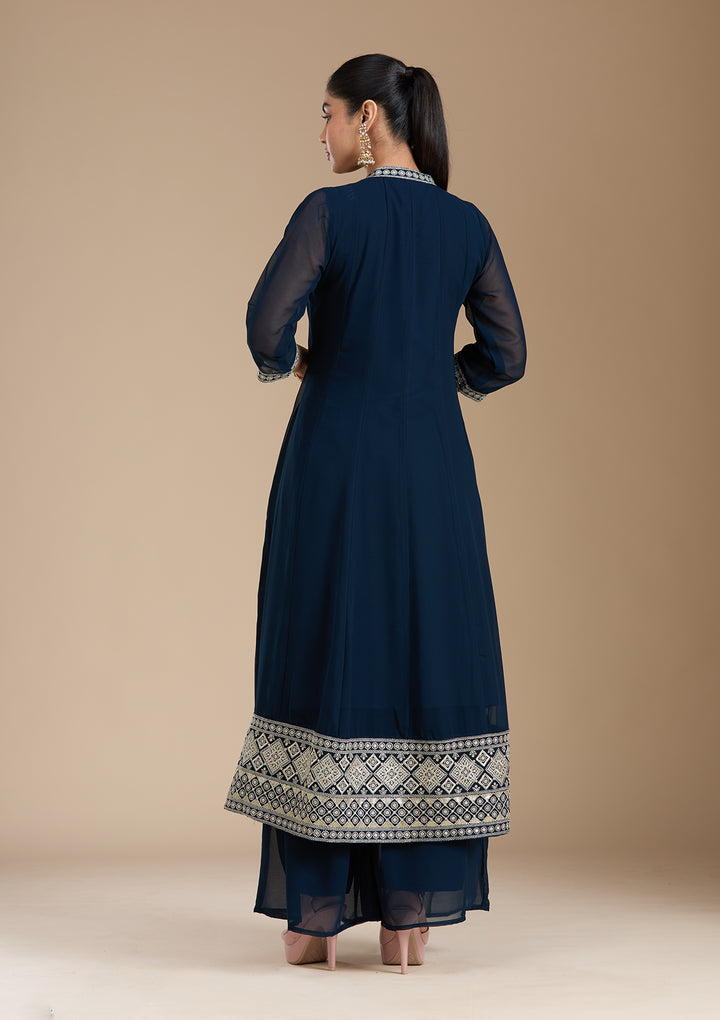 Teal Green Zariwork (Gold) Georgette Readymade Salwar Suit