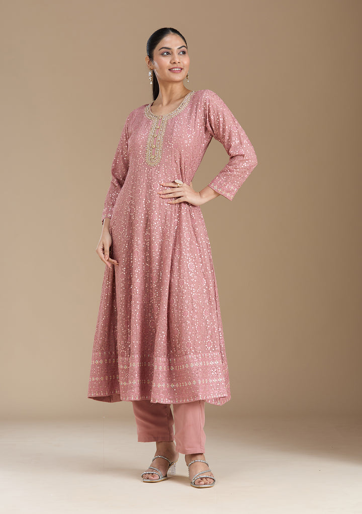 Peach Sequins Georgette Readymade Salwar Suit