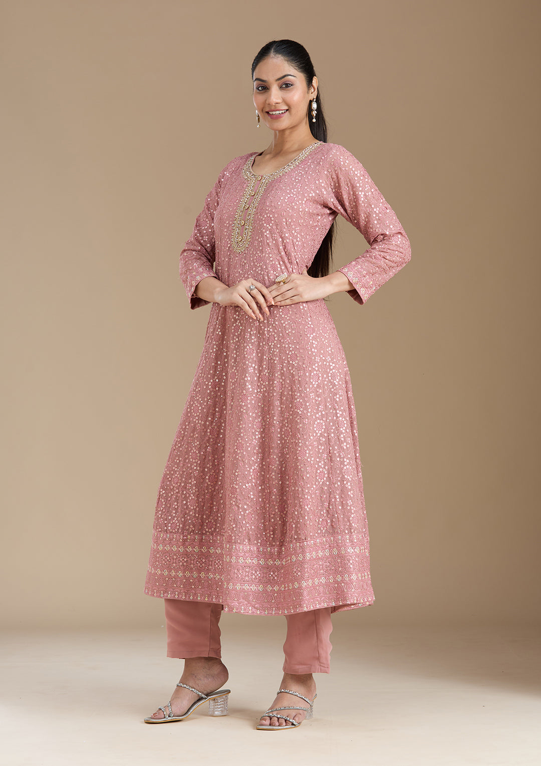 Peach Sequins Georgette Readymade Salwar Suit