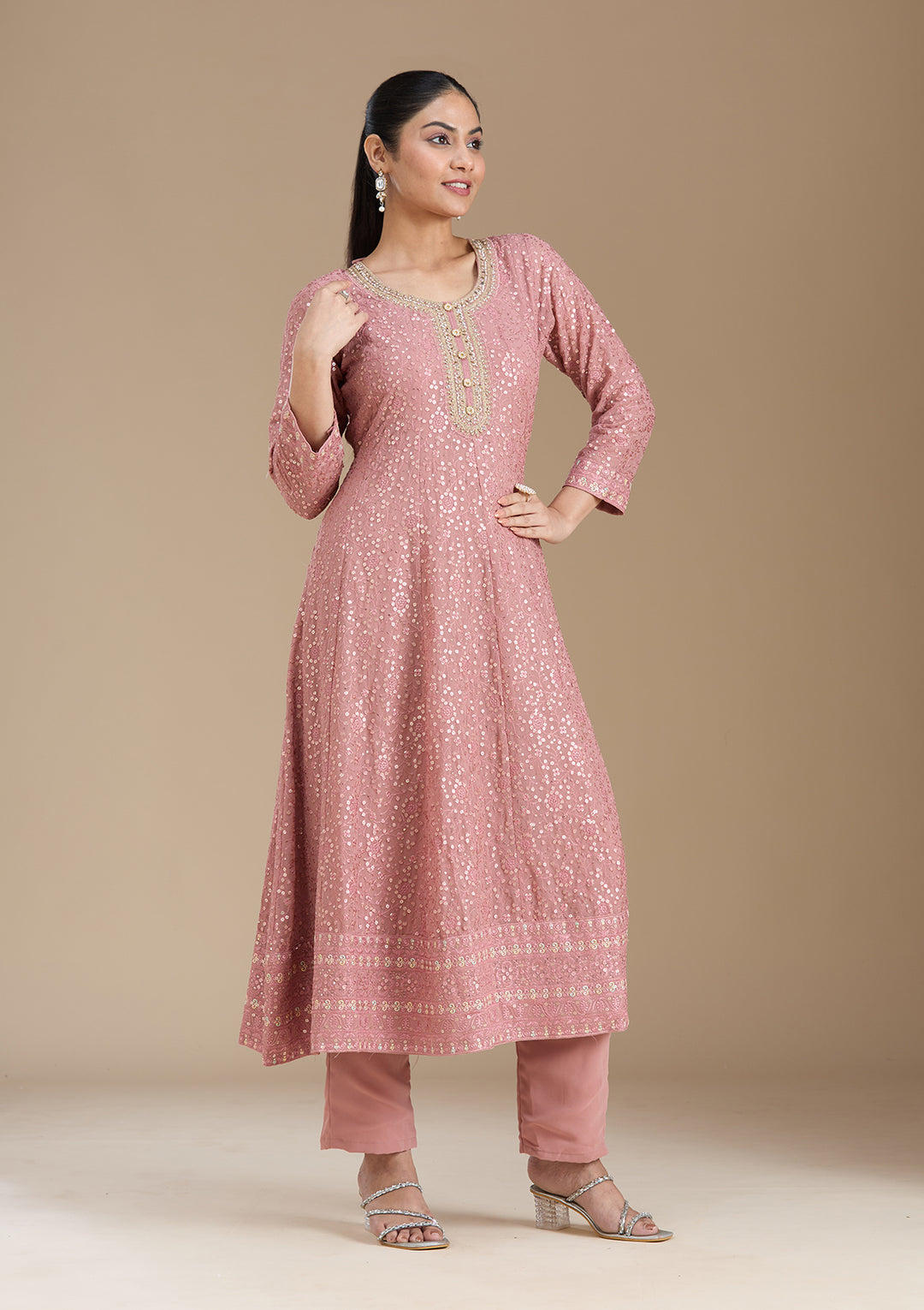 Peach Sequins Georgette Readymade Salwar Suit