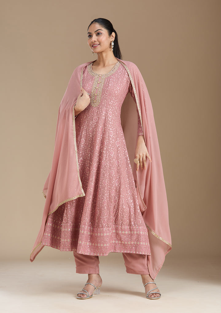 Peach Sequins Georgette Readymade Salwar Suit