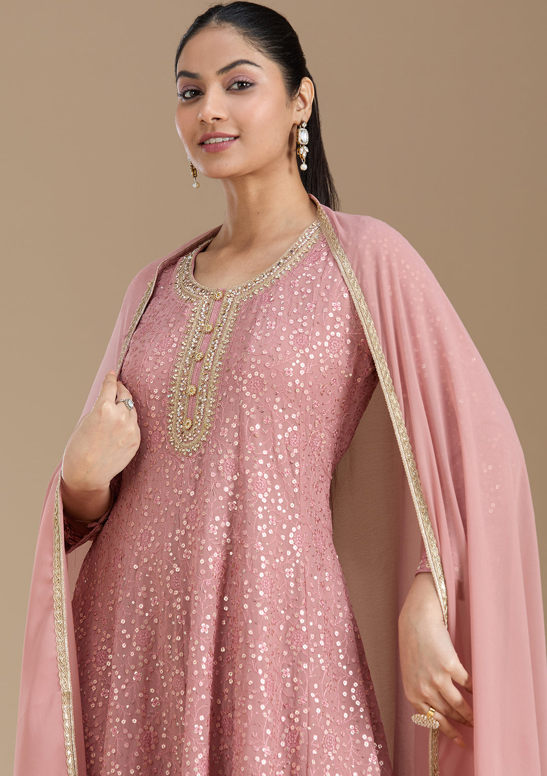 Peach Sequins Georgette Readymade Salwar Suit