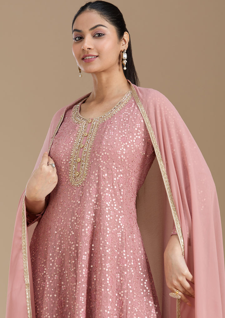 Peach Sequins Georgette Readymade Salwar Suit