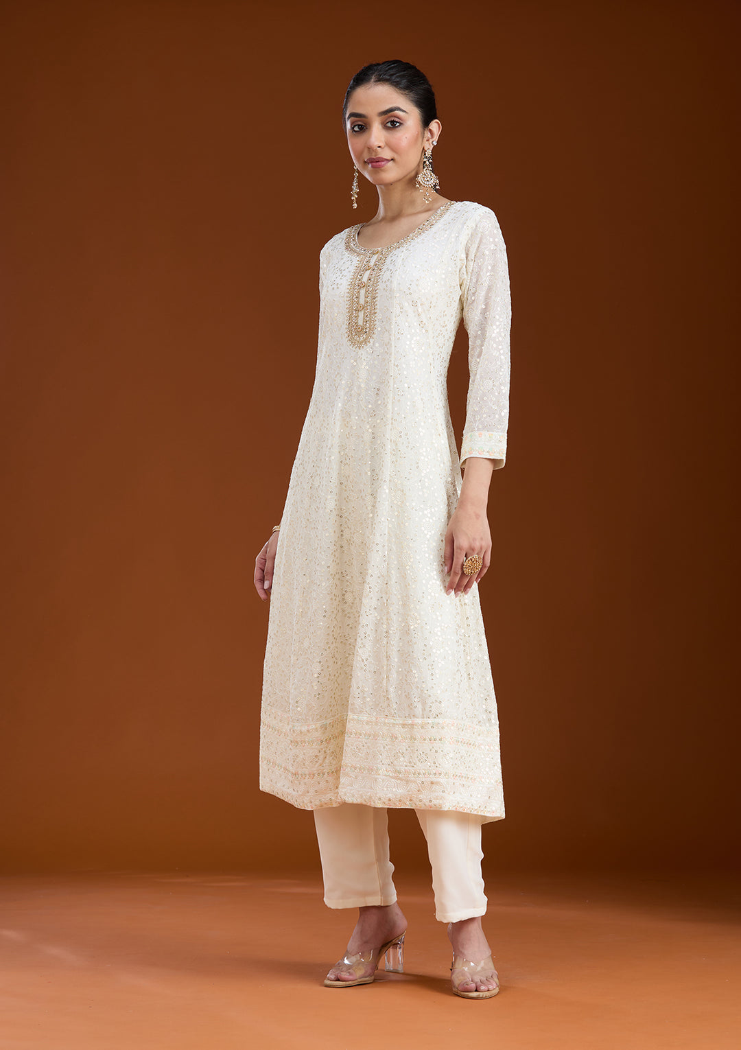 White Sequins Georgette Readymade Salwar Suit