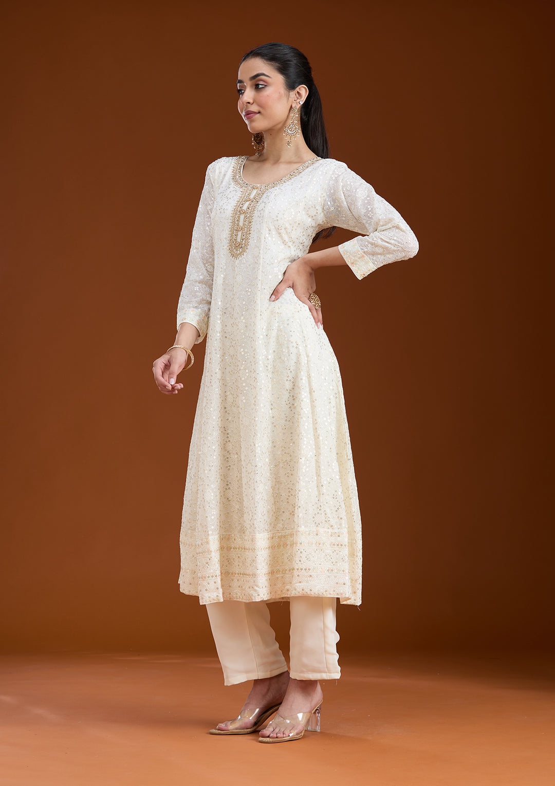 White Sequins Georgette Readymade Salwar Suit