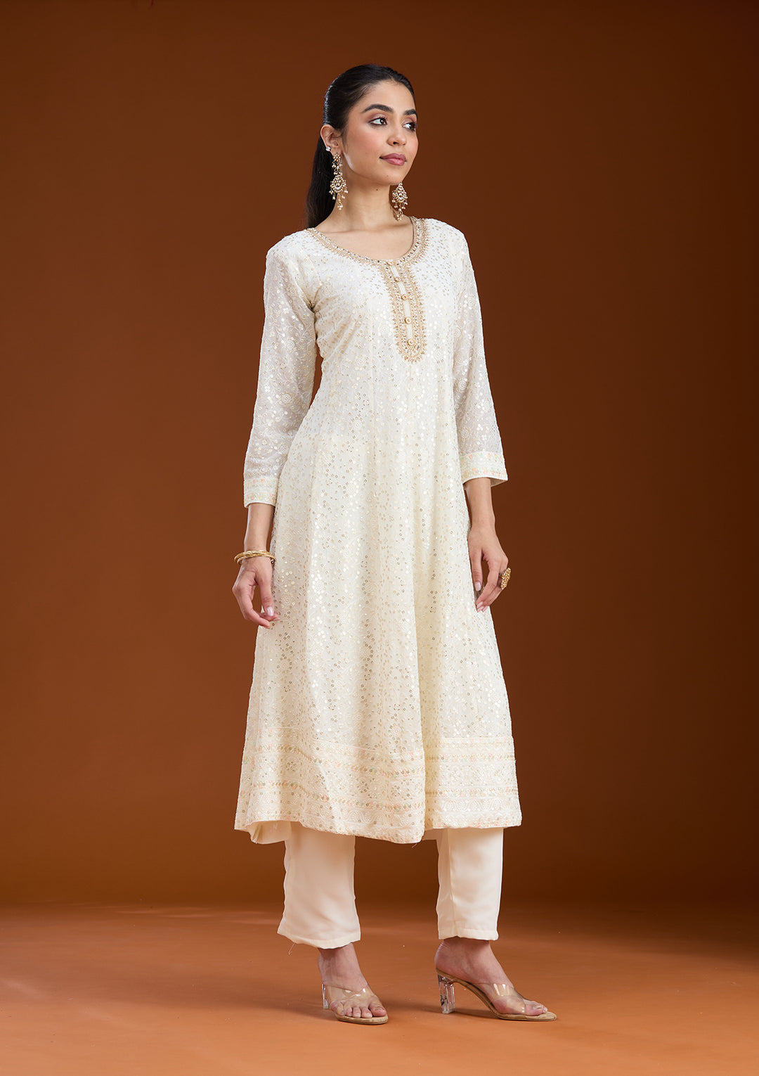 White Sequins Georgette Readymade Salwar Suit