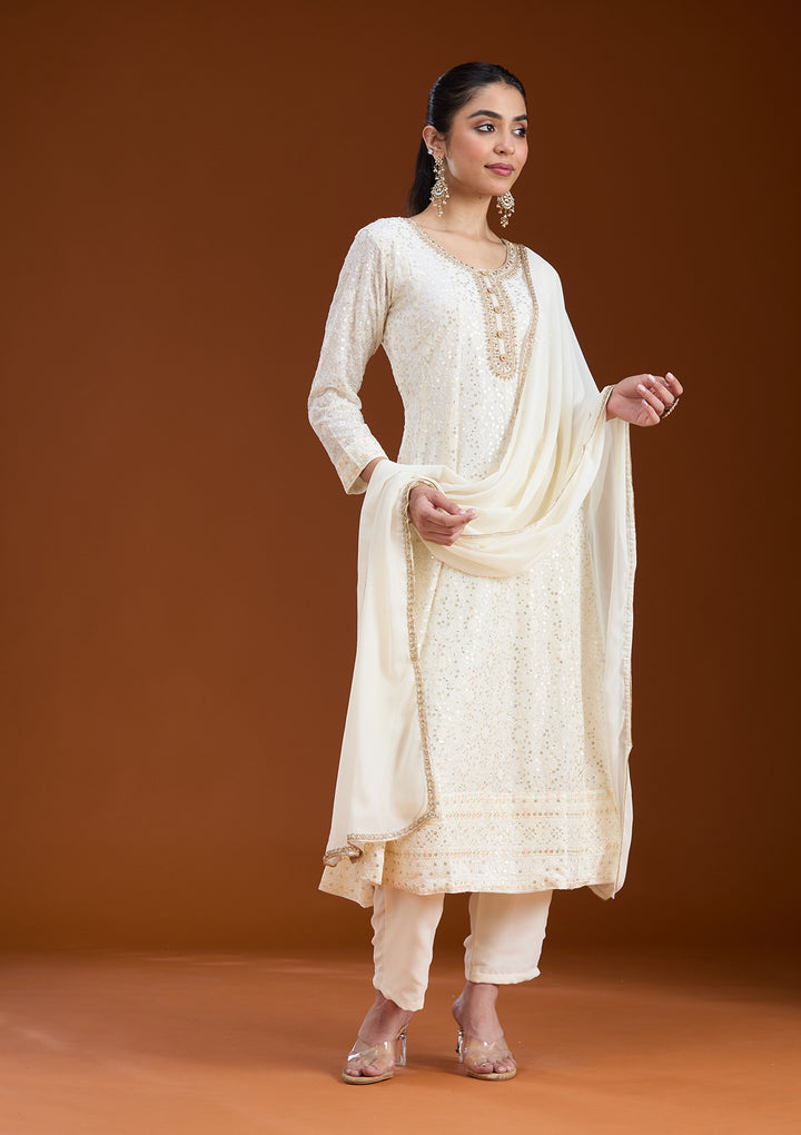 White Sequins Georgette Readymade Salwar Suit