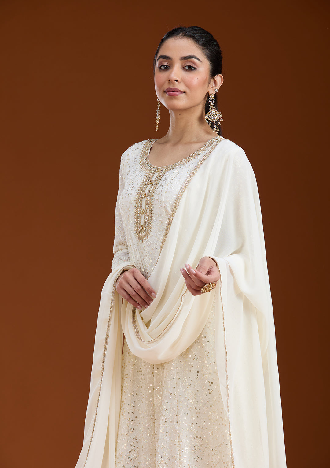 White Sequins Georgette Readymade Salwar Suit