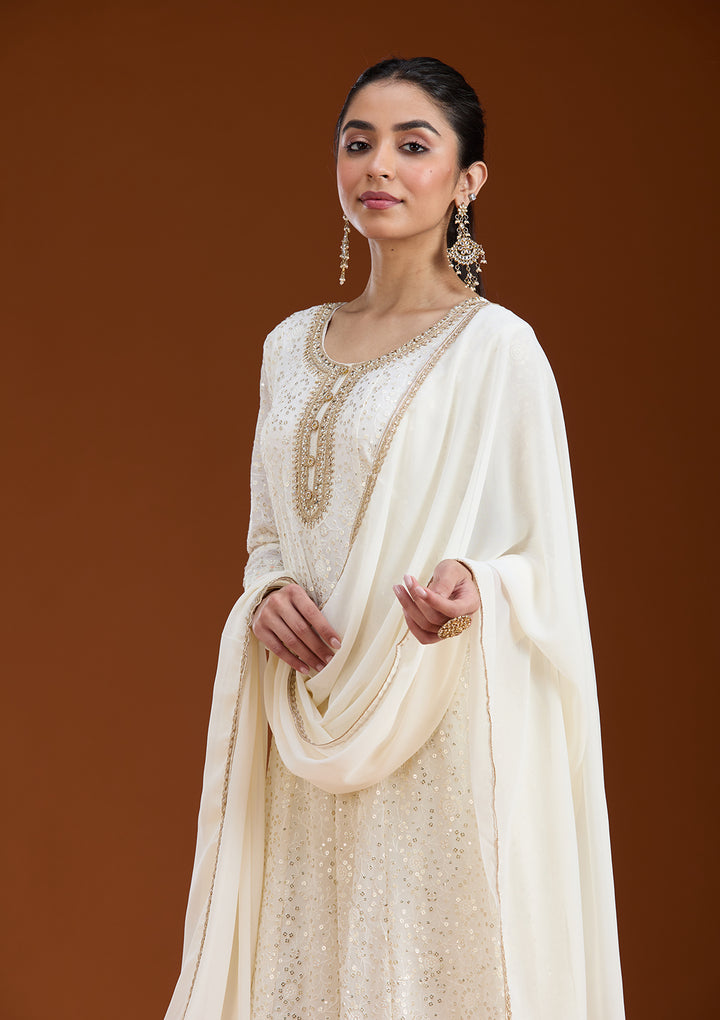 White Sequins Georgette Readymade Salwar Suit