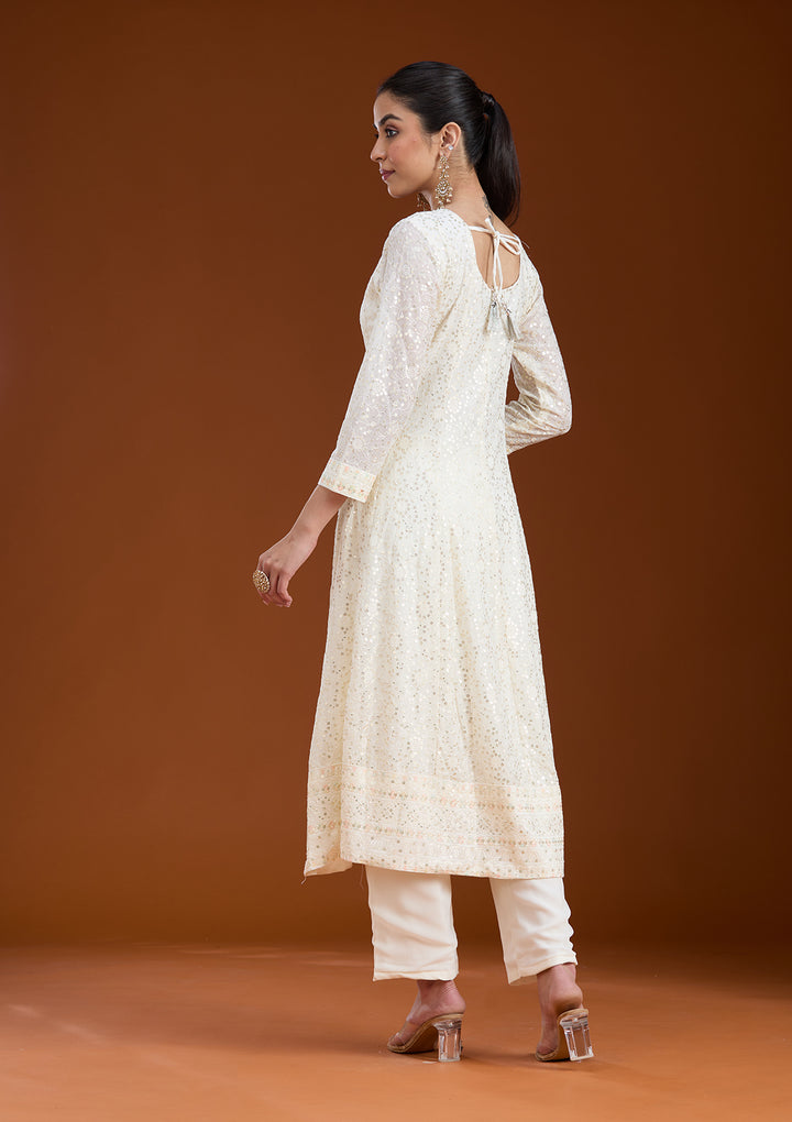 White Sequins Georgette Readymade Salwar Suit