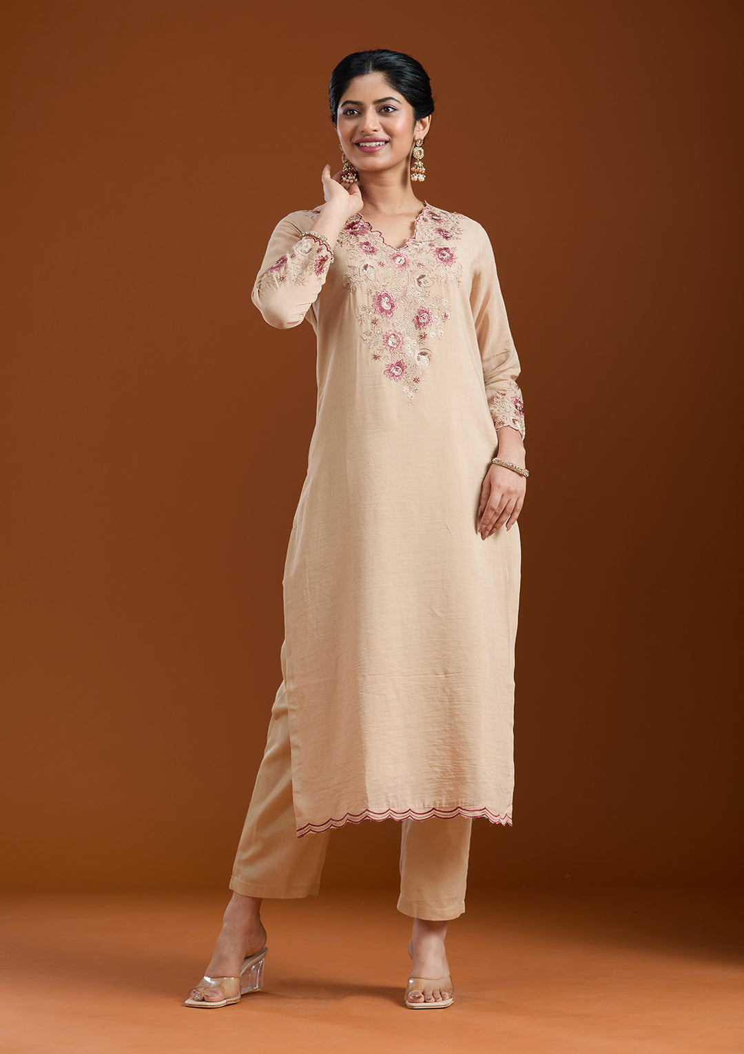 Beige Chanderi Threadwork Straight Kurta With Pant Regular And Dupatta