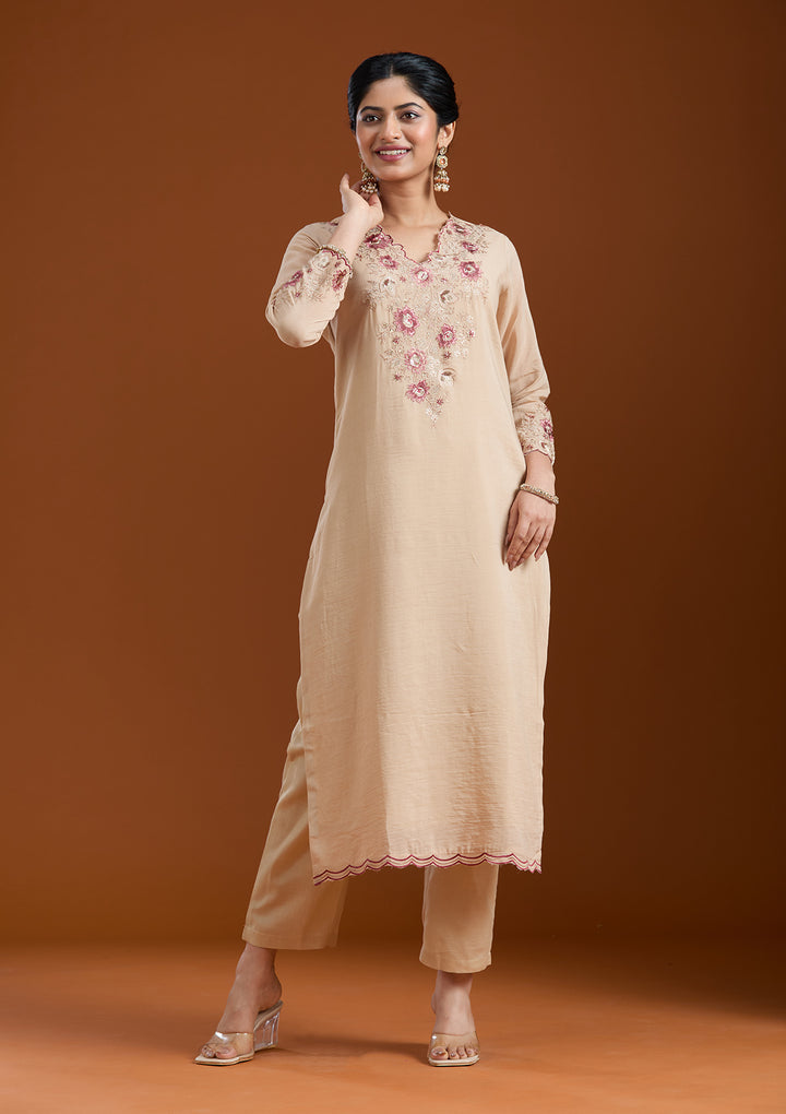 Beige Chanderi Threadwork Straight Kurta With Pant Regular And Dupatta