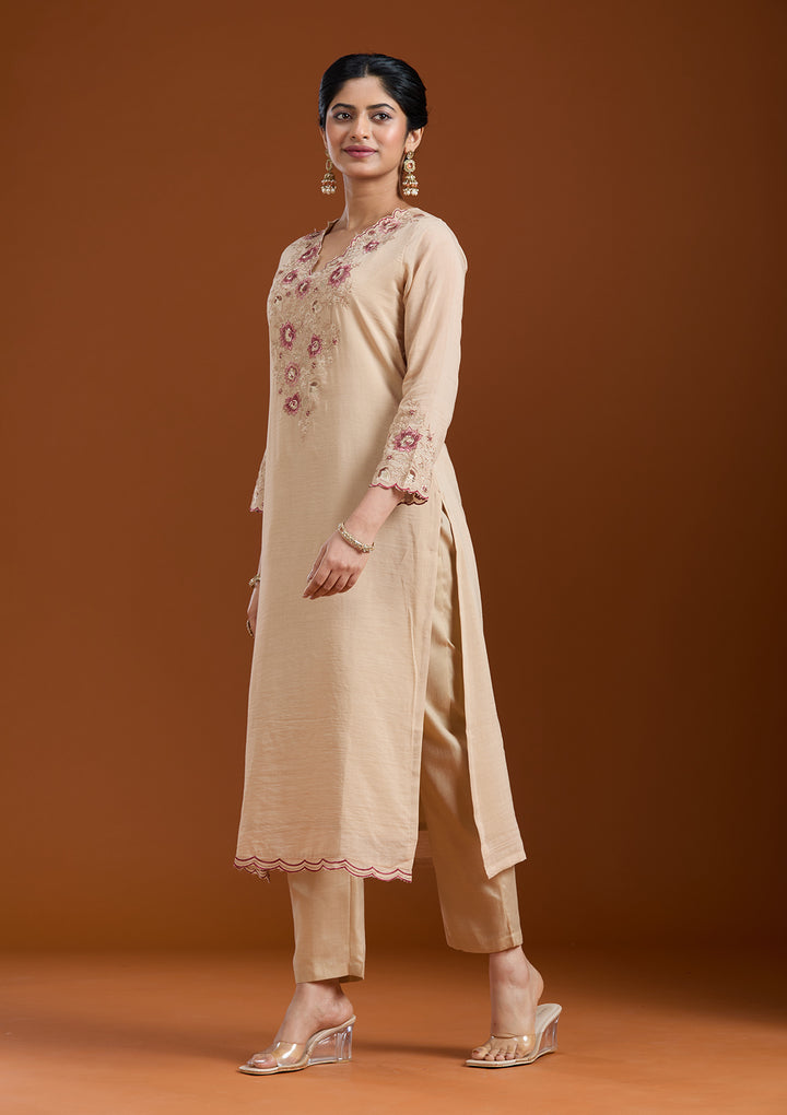 Beige Chanderi Threadwork Straight Kurta With Pant Regular And Dupatta