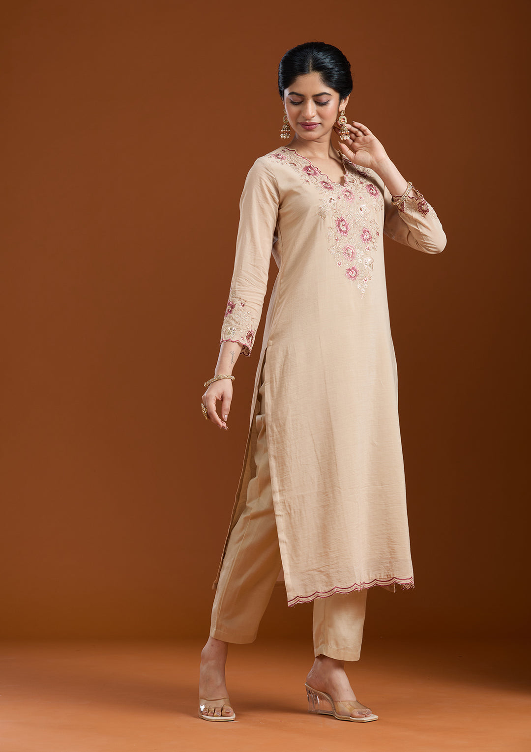Beige Chanderi Threadwork Straight Kurta With Pant Regular And Dupatta