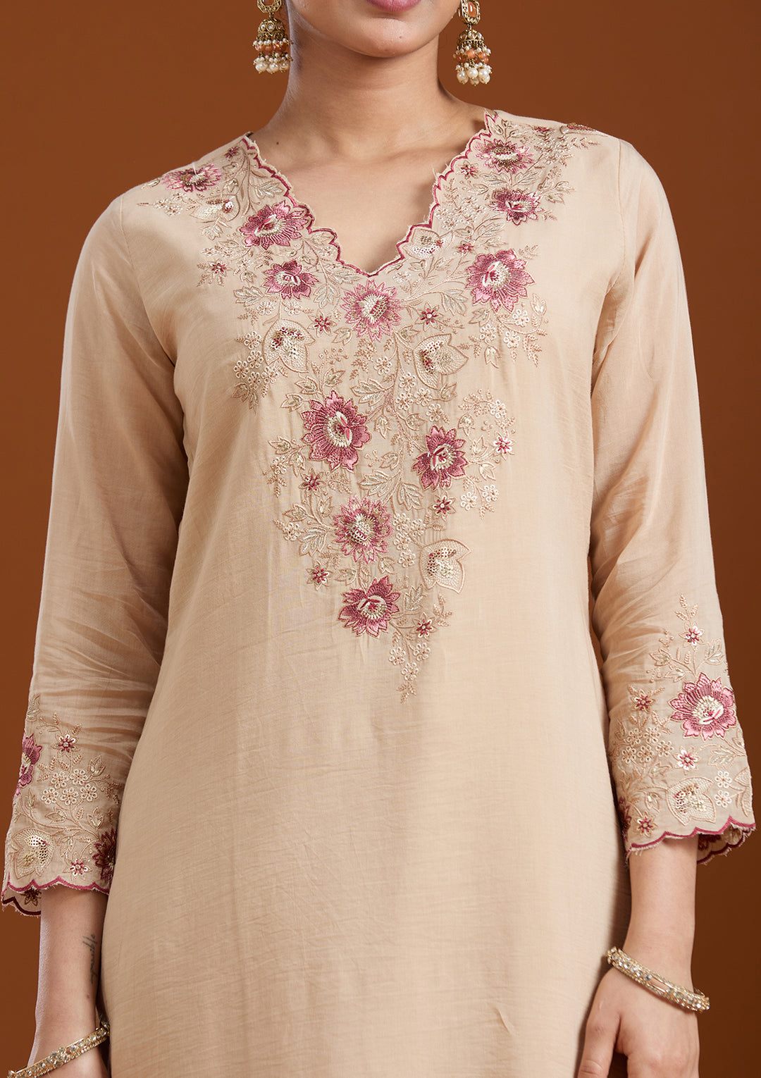 Beige Chanderi Threadwork Straight Kurta With Pant Regular And Dupatta