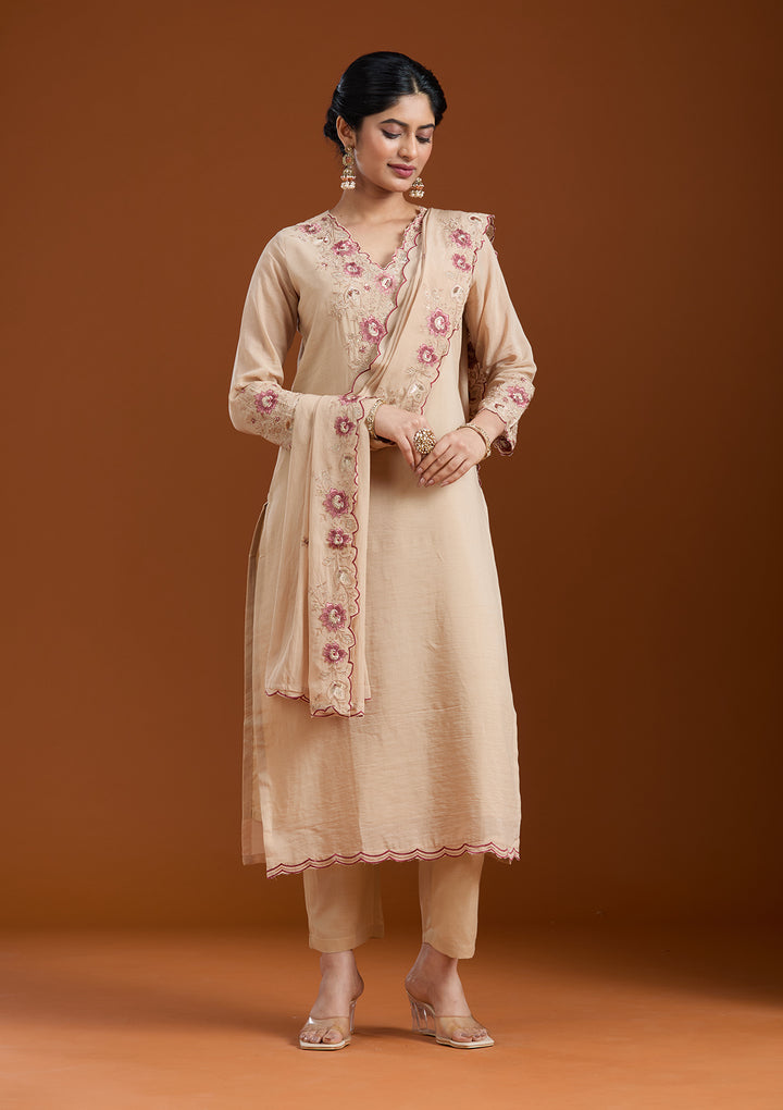 Beige Chanderi Threadwork Straight Kurta With Pant Regular And Dupatta