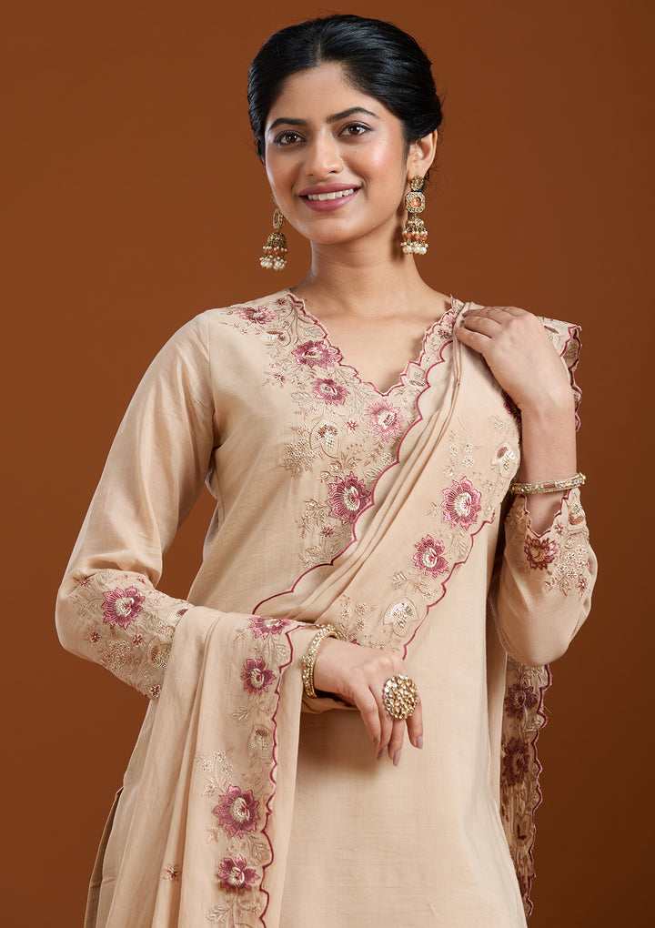Beige Chanderi Threadwork Straight Kurta With Pant Regular And Dupatta