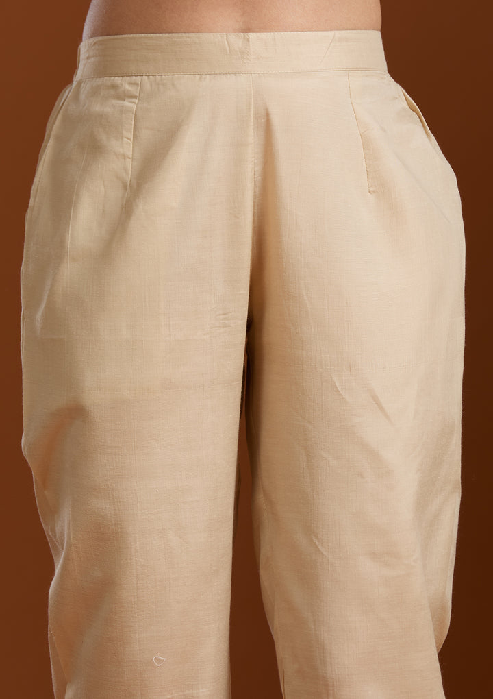 Beige Chanderi Threadwork Straight Kurta With Pant Regular And Dupatta