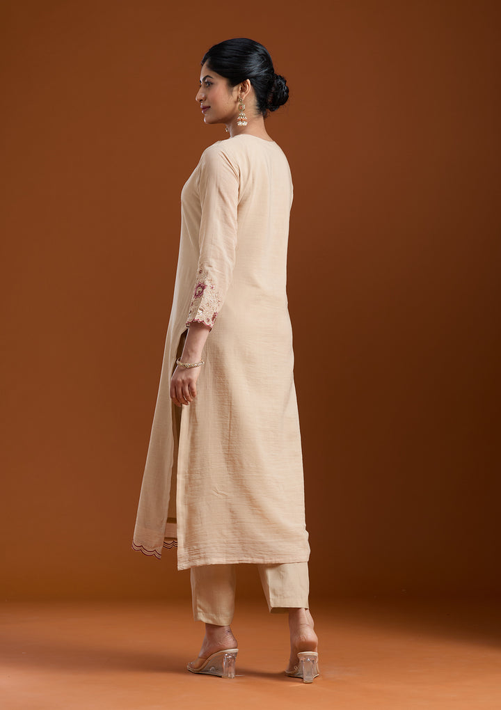 Beige Chanderi Threadwork Straight Kurta With Pant Regular And Dupatta