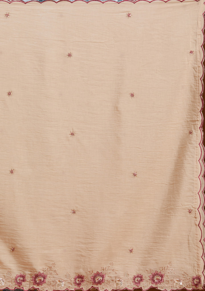 Beige Chanderi Threadwork Straight Kurta With Pant Regular And Dupatta
