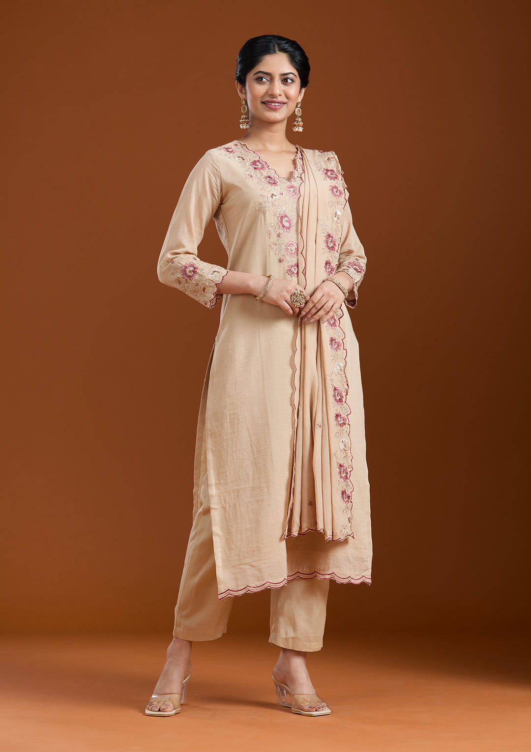 Beige Chanderi Threadwork Straight Kurta With Pant Regular And Dupatta