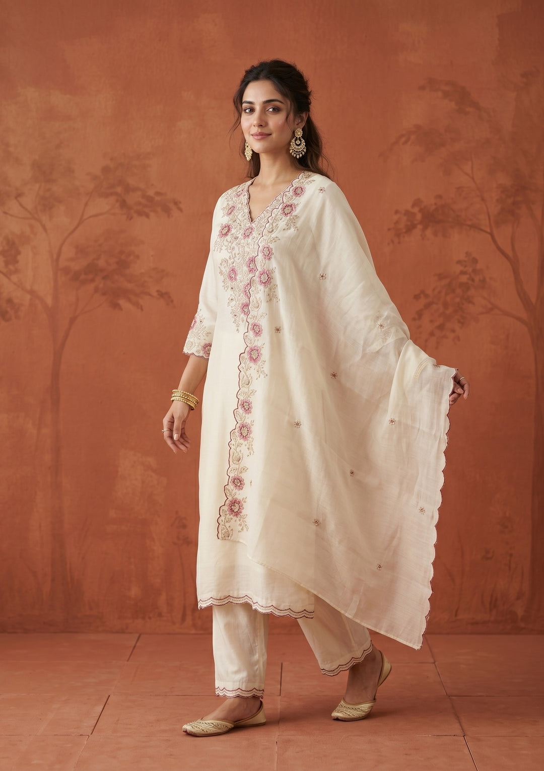Cream Threadwork Chanderi Readymade Salwar Suit