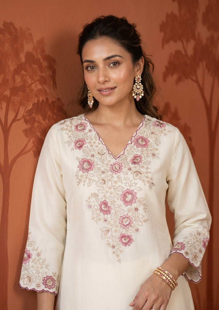 Cream Threadwork Chanderi Readymade Salwar Suit