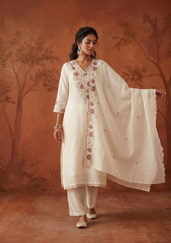 Cream Threadwork Chanderi Readymade Salwar Suit