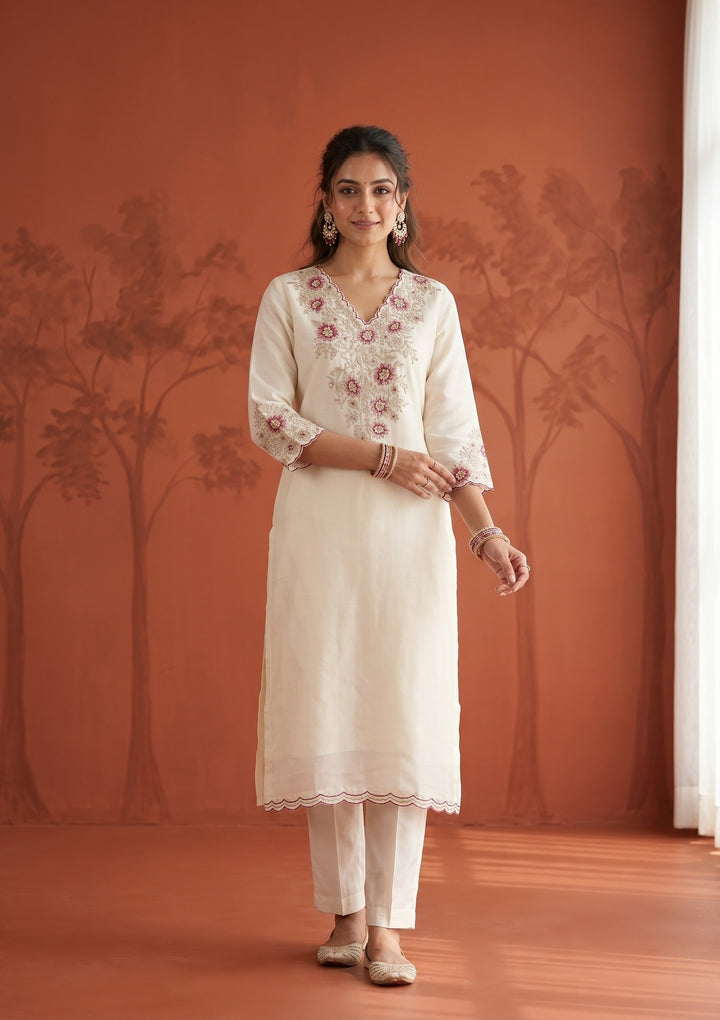 Cream Threadwork Chanderi Readymade Salwar Suit