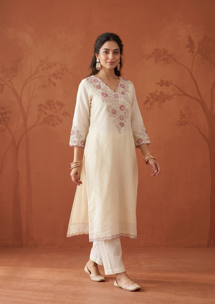Cream Threadwork Chanderi Readymade Salwar Suit