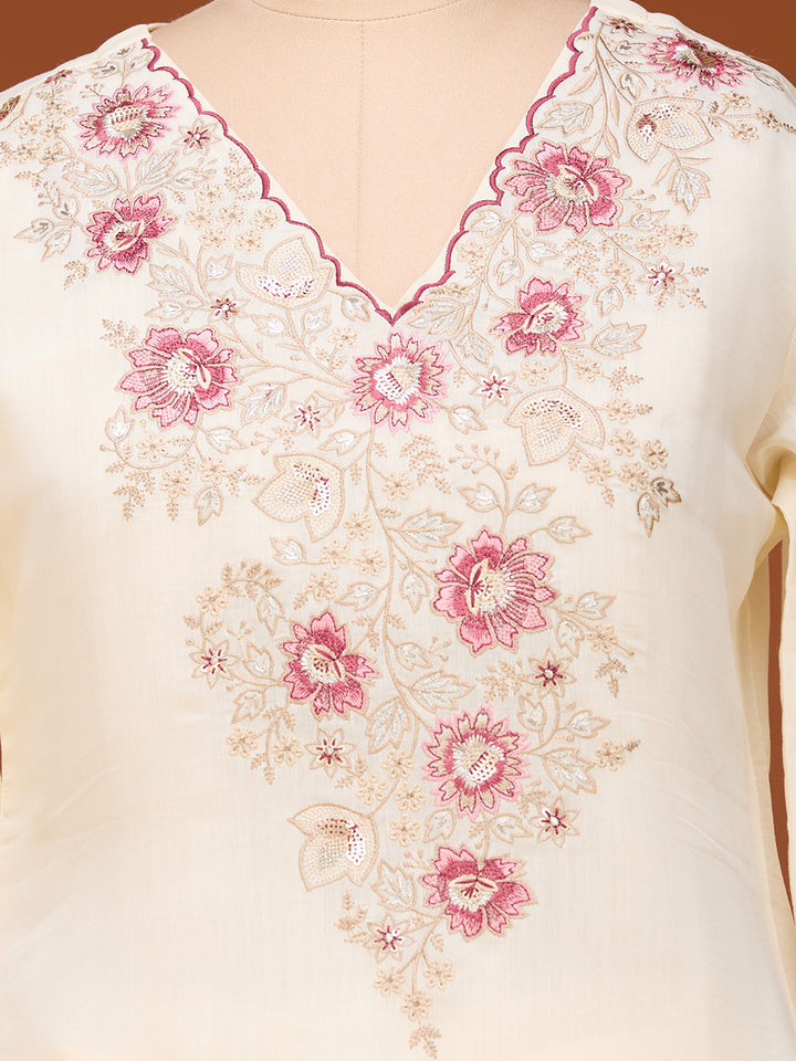 Cream Threadwork Chanderi Readymade Salwar Suit