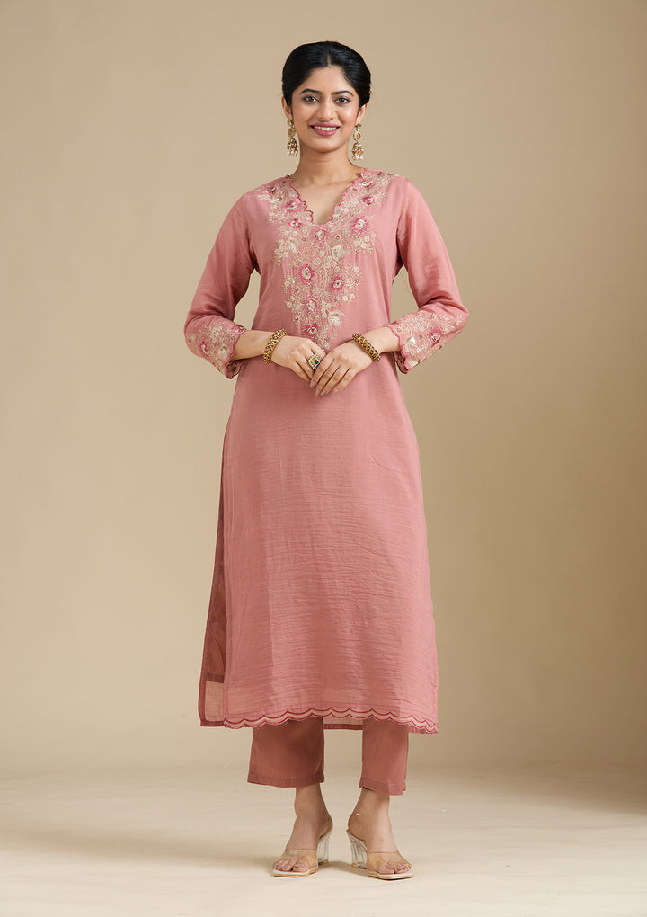 Rust Chanderi Threadwork Straight Kurta With Regular Pant And Dupatta